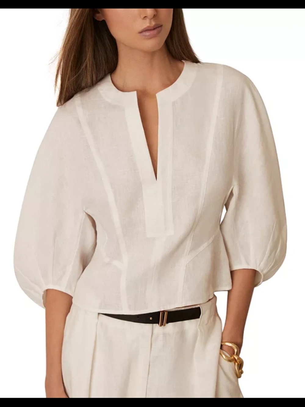 Reiss Remi linen white Split-Neck Puff Sleeve Blouse size 10